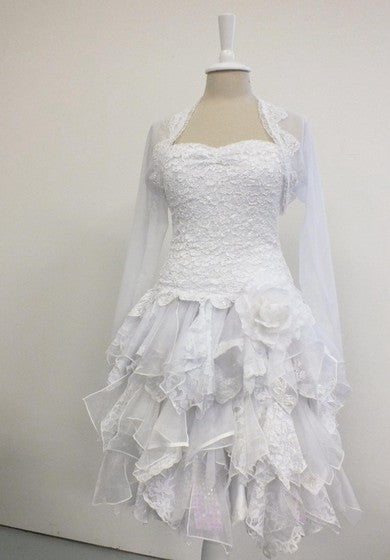 Short A-Line Strapless Lace Dress With Ruffles and Matching Jacket