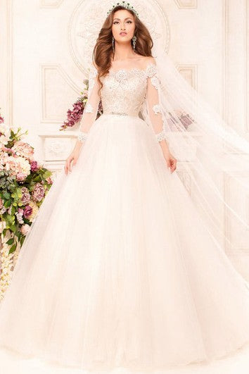 Ball Gown Long Off-The-Shoulder Long-Sleeve Illusion Tulle Dress With Appliques And Beading