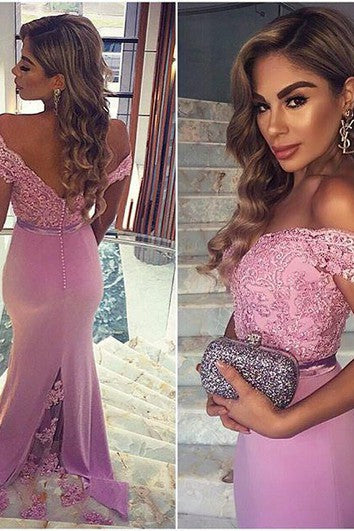 Elegant Lace Appliques Mermaid Prom Dress Off-the-shoulder Sweep Train