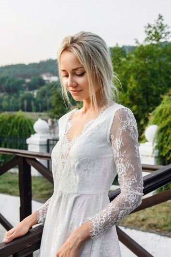 Lace Long Sleeve Short Sexy Wedding Dress With Deep V-neck