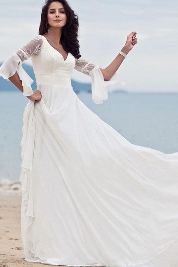 Simple V-neck Chiffon Lace A Line Floor-length Half Sleeve Wedding Dress