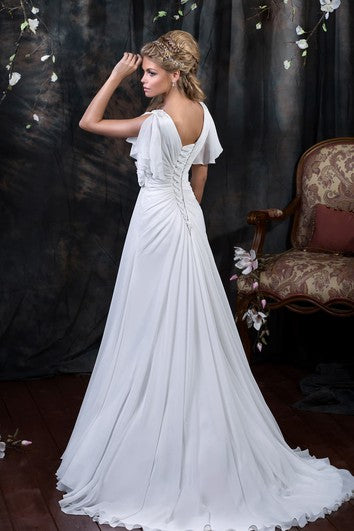 A-Line Floor-Length V-Neck Poet-Sleeve Corset-Back Chiffon Dress With Side Draping And Flower