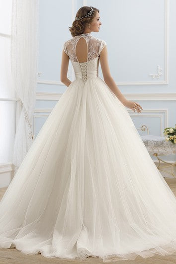 Ball Gown Maxi High-Neck Sleeveless Illusion Tulle Dress With Lace