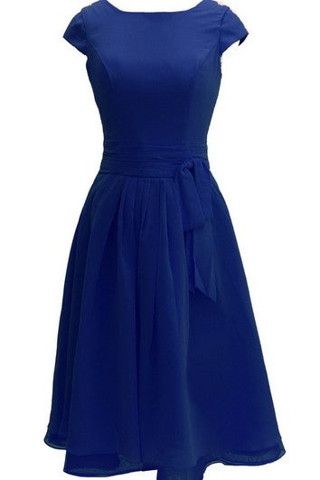 Cap-sleeved Knee-length Chiffon Dress With Ribbon