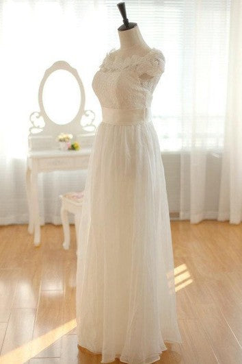 Floor-Length Cap Keyhole Chiffon Lace Dress