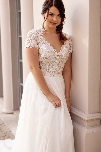 Casual A Line Bateau Lace Court Train Wedding Dress with Ruching