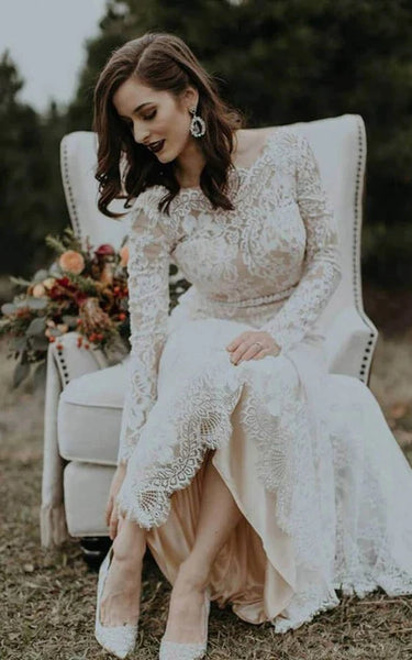 Sexy Backless Bateau-neck Long Sleeve Sheath Lace Outdoor Wedding Dress