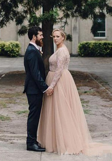 Plus Size Sexy Champagne/Blush Country Long Sleeve V Neck Ethereal Tulle Lace Wedding Dress