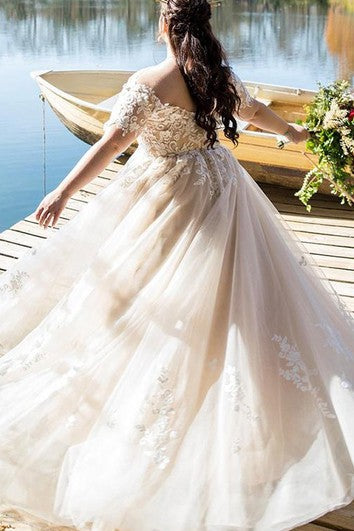 A Line Tulle Off-the-shoulder Casual Wedding Dress with Appliques