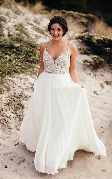 Beach Spaghetti Empire Pleated Chiffon Wedding Dress with Lace Top