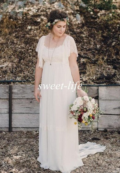 Bohemian Plus Size Lace Short Sleeves Scoop Open Back Wedding Dress