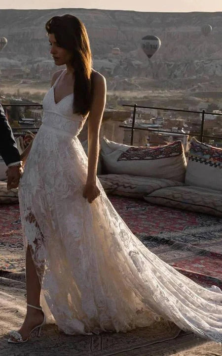 SPAGHETTI sexy sexy frontalta senza maniche in pizzo in pizzo abito da sposa in pizzo