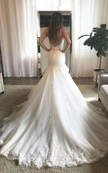 Mermaid Spaghetti Notched Tulle Deep-v Neck Wedding Dress