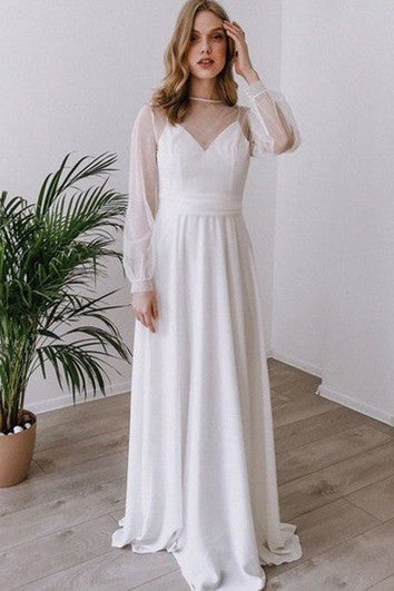 Simple Bateau A Line Floor-length Long Sleeve Wedding Dress