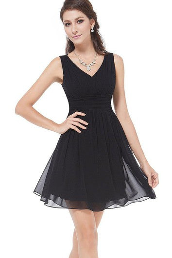 Sleeveless V-neck A-line Short Ruched Chiffon Dress