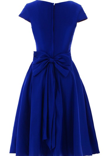 Short Sleeve Ruched Sash Midi-length Pleated Chiffon Dress