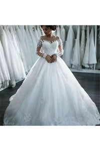 Jewel Sleeveless Court Train Lace Tulle A-Line Ball Gown Wedding Dress