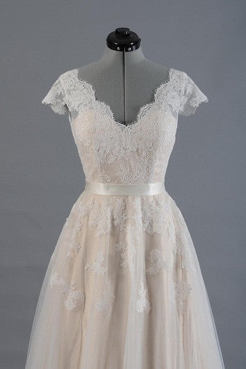 Cap Sleeve V-Neck A-Line Tulle Dress With Lace Bodice and Satin Sash