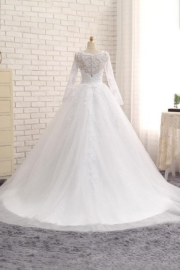 A-Line Long Jewel Long Sleeve Appliques Chapel Train Zipper Lace-Up Back Tulle Lace Sequins Dress