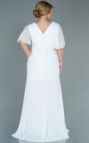 Empire Chiffon V-neck Bat Sleeve Empire Ruched Plus Size Mother of Bride Dress