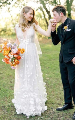 Ethreal Plunged Forest Tulle Wedding Dress with Floral Appliques