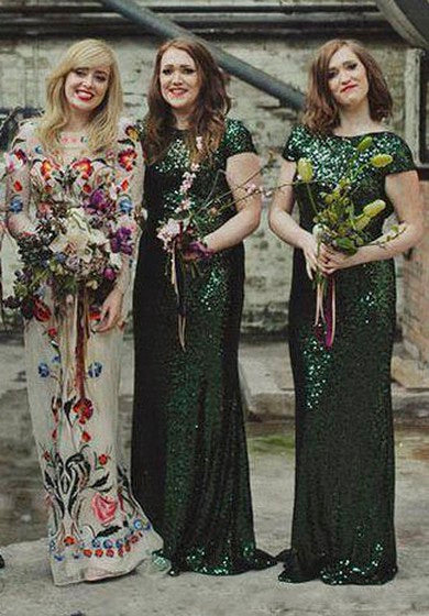 Cap-sleeved Long Sheath Dress with Allover Sequins