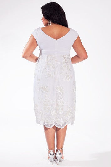 A-line Tea-length Lace Dress With Ruching And Low-V Back