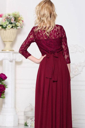 Bateau-Spitzen-Illusion-Kleid mit 3–4 Ärmeln, A-Linie, plissiertem Chiffon, bodenlang