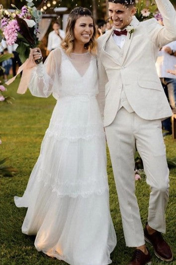 Tren de la capilla hasta el piso de tul una línea de manga larga modesta vestido de novia etéreo