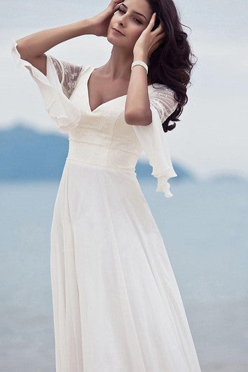 Semplice vestito da sposa in chiffon a V-Neck Lace A Line