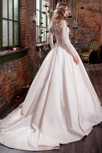 Ball Gown Long Jewel Long-Sleeve Illusion Satin Dress With Appliques And Waist Jewellery