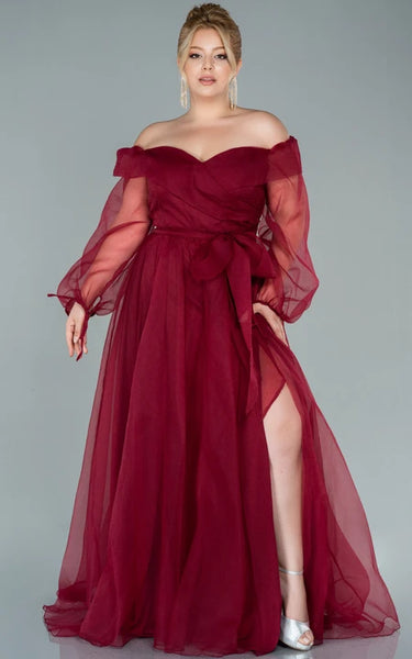 Off-the-shoulder Slit Front illusion Long Sleeve Plus Size Mother of Bride Dress with Zipper Back