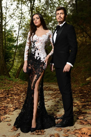 Sexy krajkové aplikace mořská panna plesové šaty s rozparkem vpředu černé a bílé