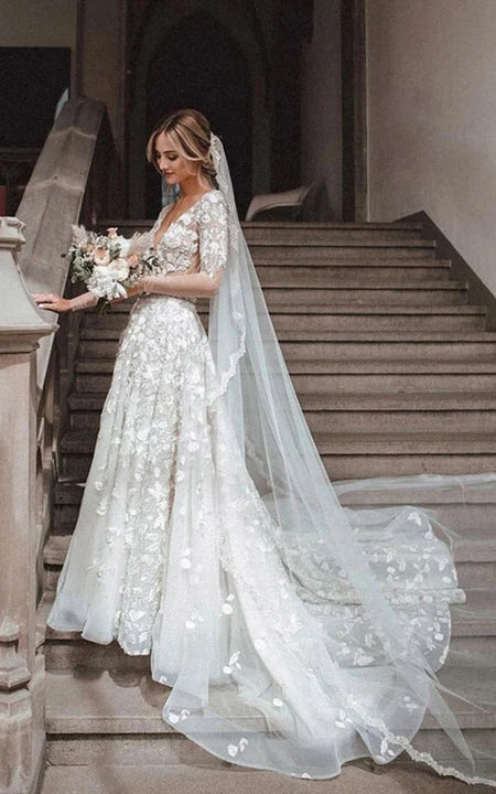 Iluzorní dlouhý rukáv princeznovské Mori šaty na svatbu s květinovým vzorem a krajkovou aplikací na zádech bez zad