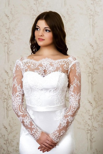 Lace and Satin Mermaid Dress With Long Sleeves and Deep-V Back