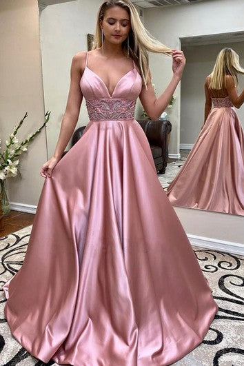 Romantic Satin A Line Spaghetti Sleeveless Evening Dress With Straps Beading