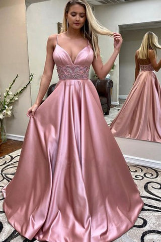 Romantic Satin A Line Spaghetti Sleeveless Evening Dress With Straps Beading