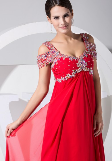 Maxi šaty z šifonu s korálkovou výšivkou a vysokým pasem