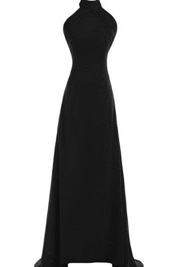 Dlouhé šifonové šaty s vysokým límcem a otevřenými zády