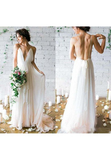 Simple Sexy Plunging V Neck Straps Spaghetti Sheath Chiffon Wedding Dress