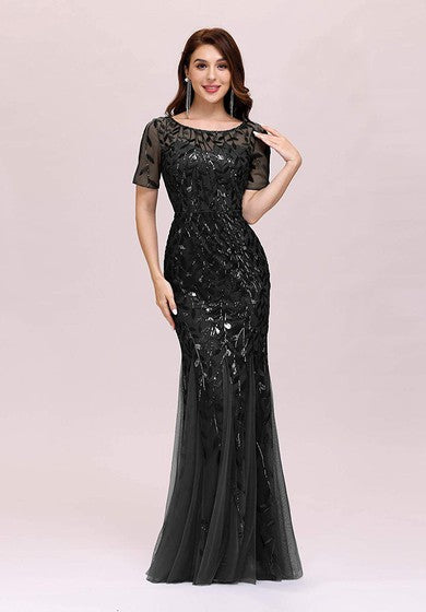 تول الترتر بطول الأرض حورية البحر قصيرة الأكمام خمر فستان متواضع مع الطيات