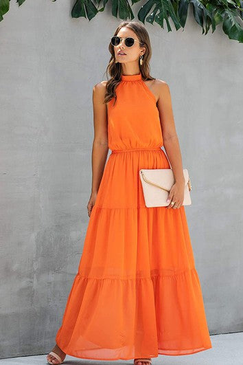 Jednoduché šifónové šaty s halter výstřihem, áčkovým střihem, bez rukávů, na ples, formální, s volánky