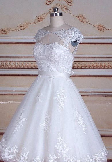 Short Tea-Length Cap Sleeve Tulle Lace Satin Dress With Keyhole Back