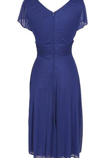 Short Sleeve V-neck Knee-length Chiffon Dress With Beading