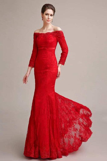 Manica lunga fuori dalla spalla sirena abito di pizzo lungo