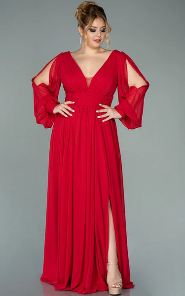 Chiffon V-neck Long Sleeve Front Split Pleated Evning Plus Size Dress