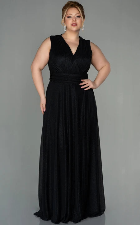 Šaty večerní plus size s flitry, výstřihem do V, rozparkem vpředu a básnickými rukávy