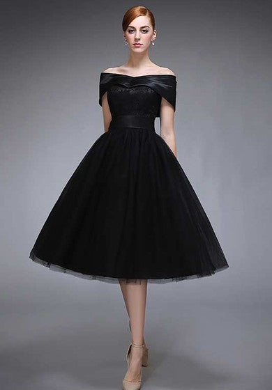 Off The Shoulder V Neck A-line Knee Length Tulle Dress