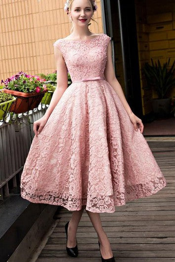 A-Line Bateau Lace Pearls Tea-Length Prom Dress