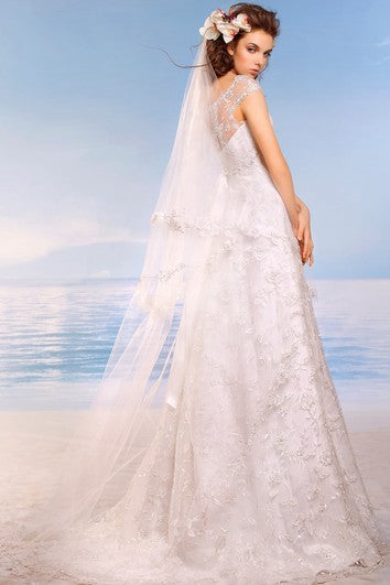 A-Line Floor-Length Scoop Cap-Sleeve Empire Illusion Lace Dress With Beading And Appliques